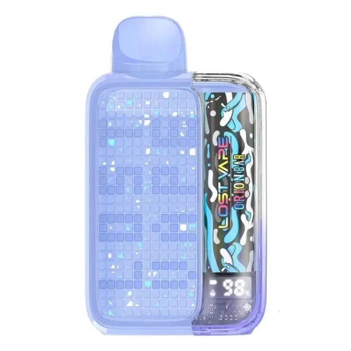 Transparent blue plastic water bottle with a colorful patterned insert visible inside.