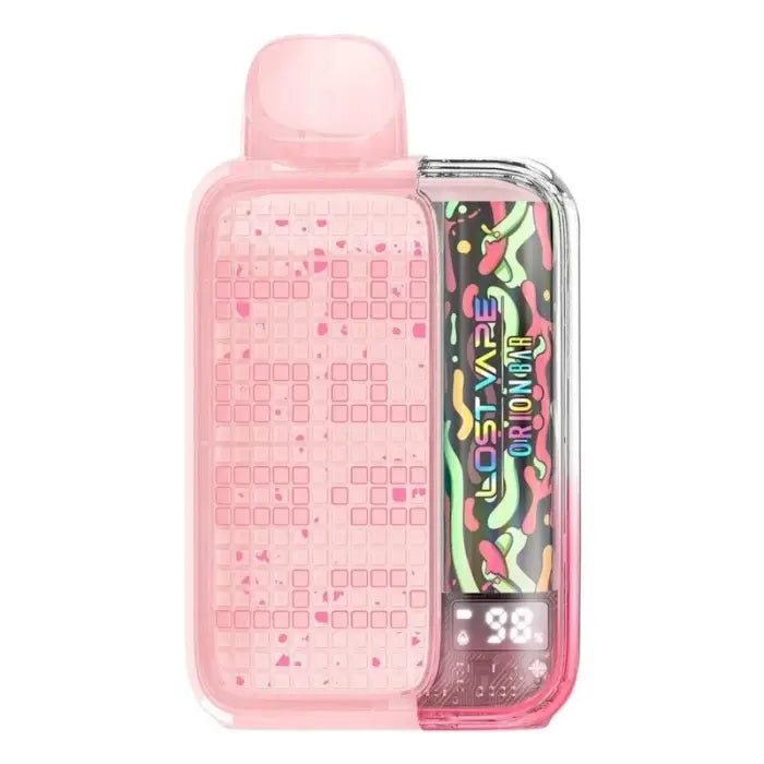 Pink plastic water bottle with a colorful patterned compartment attached to the side.