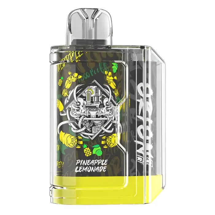 Transparent vaping device with colorful graphics and yellow liquid visible.