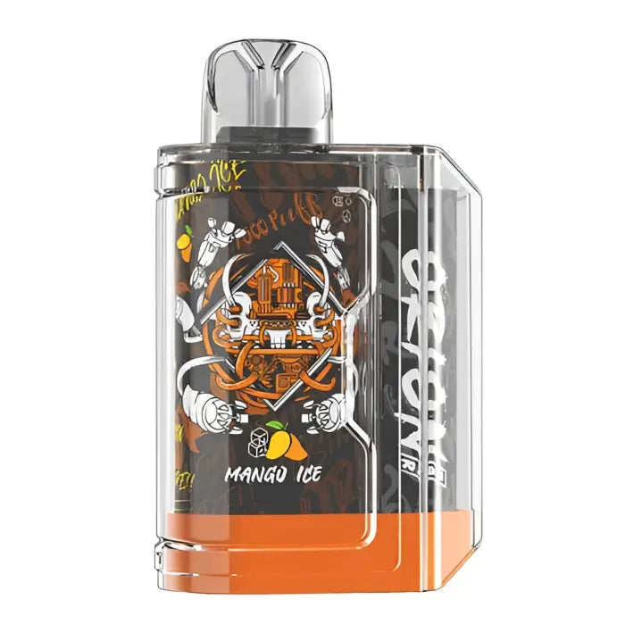 Transparent vaping device with colorful graphics and an orange base.