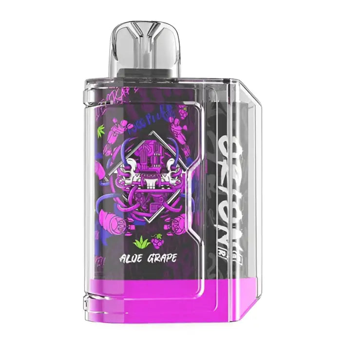 Transparent vaping device with purple liquid and colorful skull design.