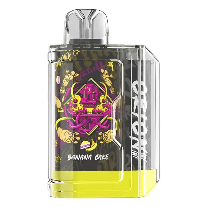 Transparent vaping device with colorful graphics and yellow liquid visible inside.