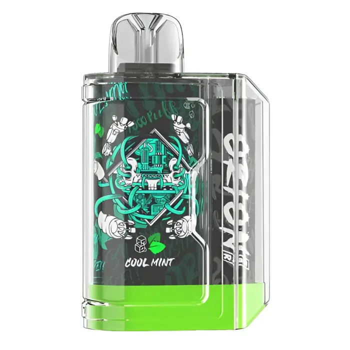 Transparent vape device with green liquid and skull design.