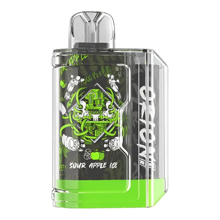 Transparent vape pod device with green liquid and skull design.