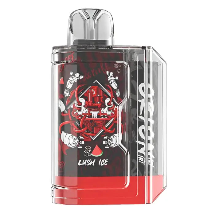 Vape device with red and black design featuring cartoon skeletons and hearts.