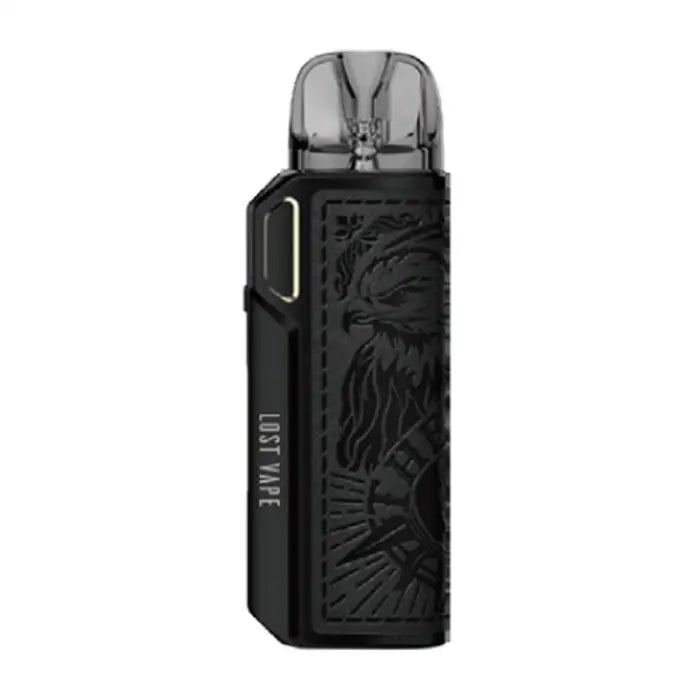 Black electronic vaping device with an embossed design on its body.