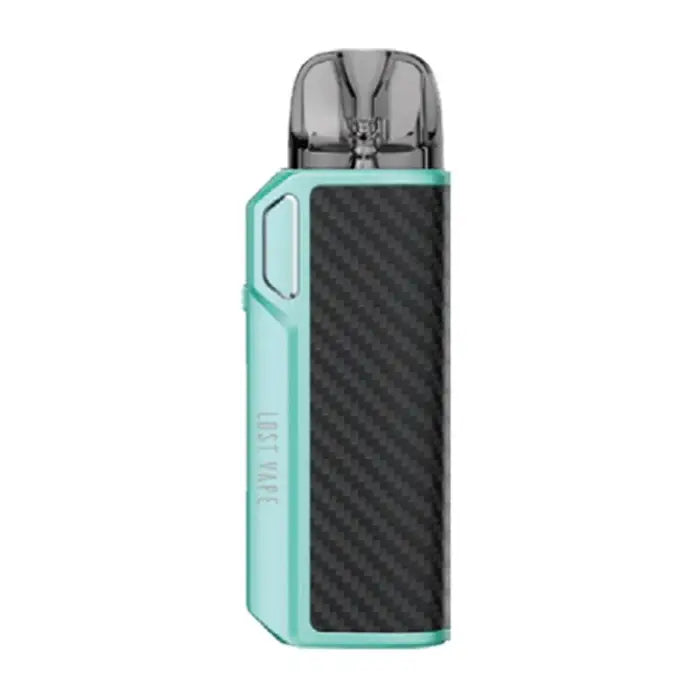 Sleek electronic vaping device with a teal frame and black textured body.