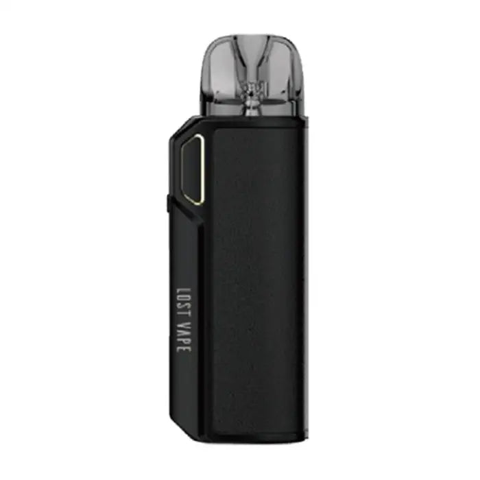 Black electronic vaping device with a transparent mouthpiece.