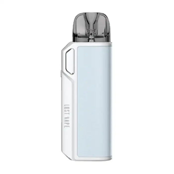 Sleek, light blue and white electronic vaping device with a transparent mouthpiece.