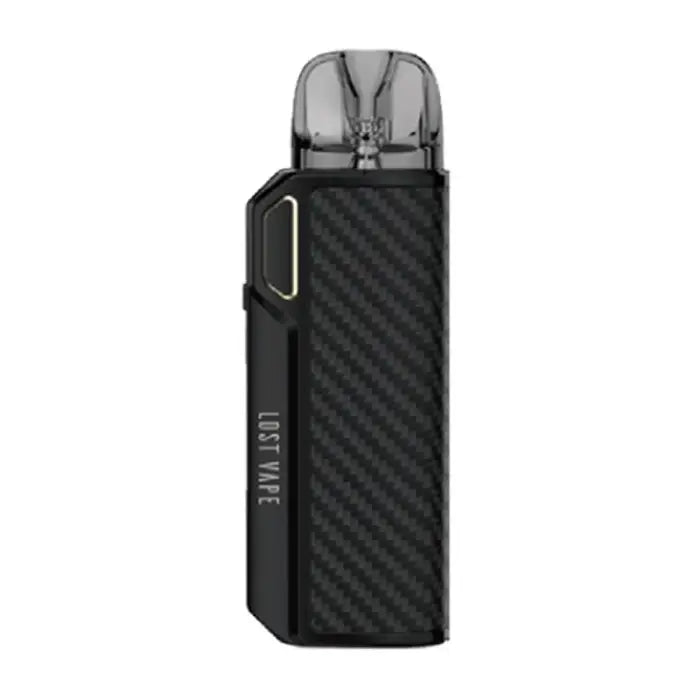 Sleek black electronic vaping device with a textured carbon fiber pattern and transparent mouthpiece.