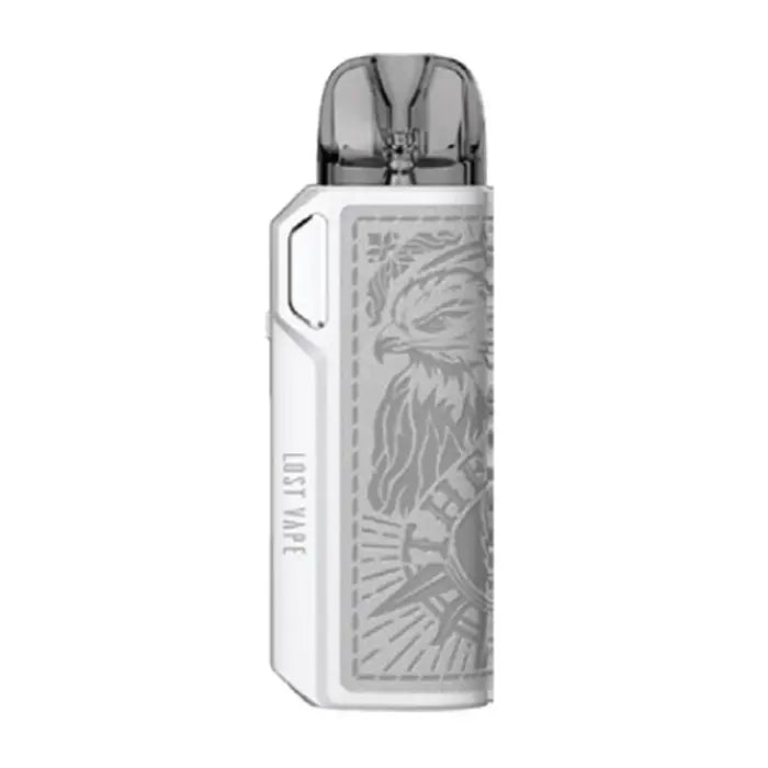 Sleek white electronic vaping device with engraved floral design.