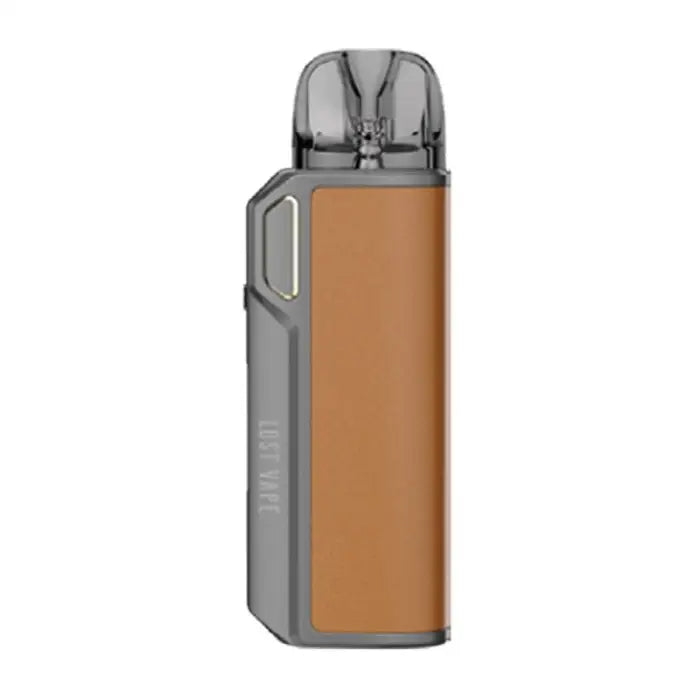 Sleek electronic vaping device with a copper-colored body and gray accents.