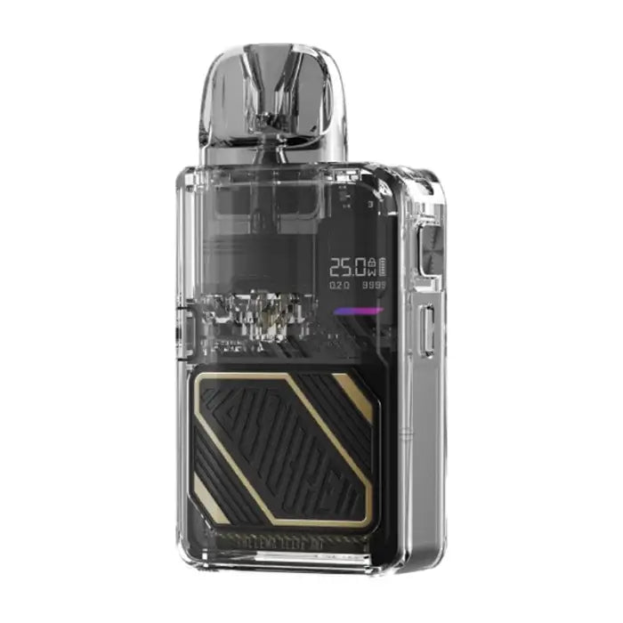 Transparent electronic vaping device with a digital display and visible internal components.