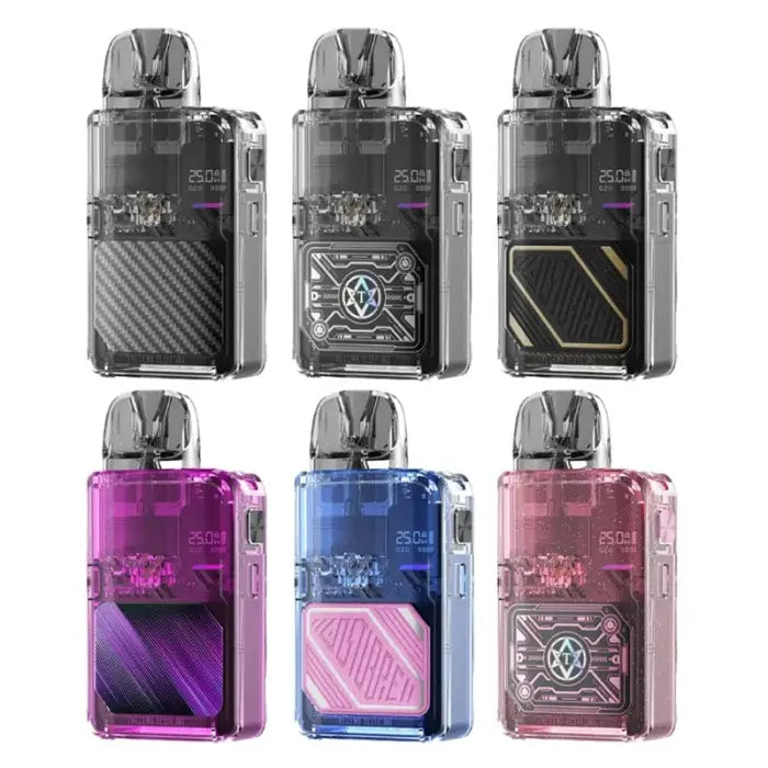 Electronic vaping devices or pod systems in various colors and designs.