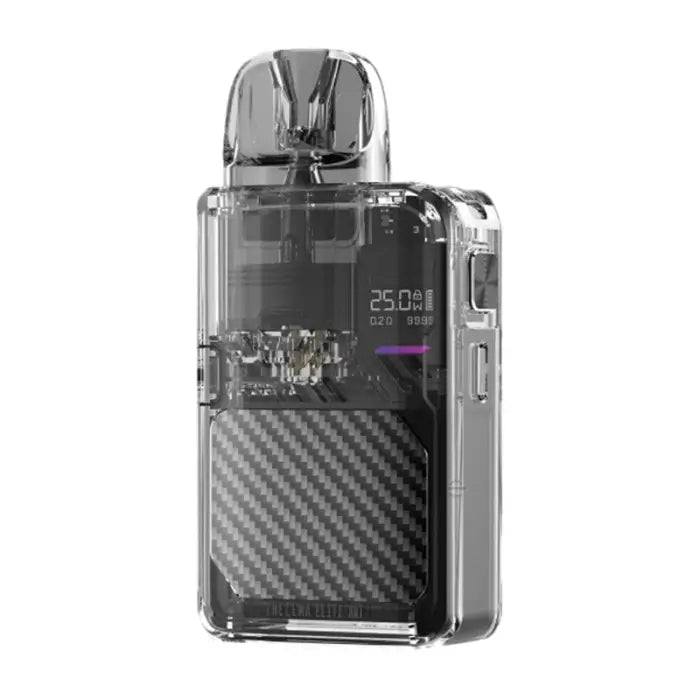 Transparent electronic vaping device with a digital display and carbon fiber-style pattern.