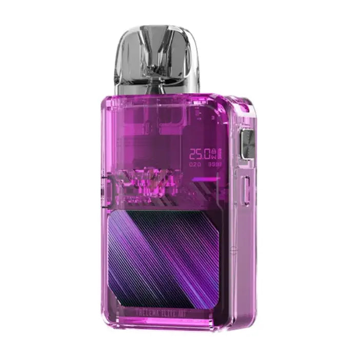 Purple transparent electronic vaping device with a digital display.