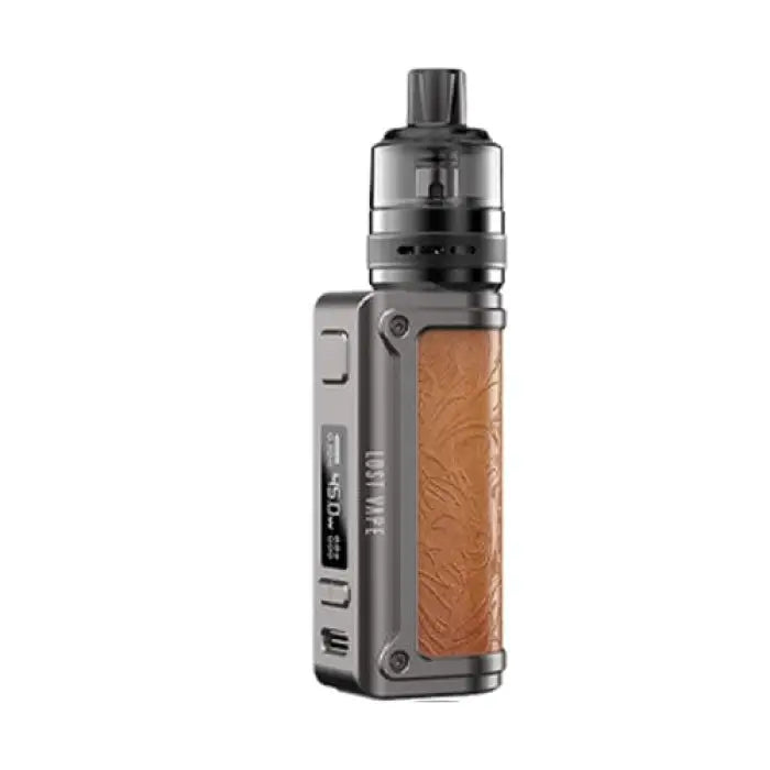 Electronic vaping device with a metallic body and leather-like panel.