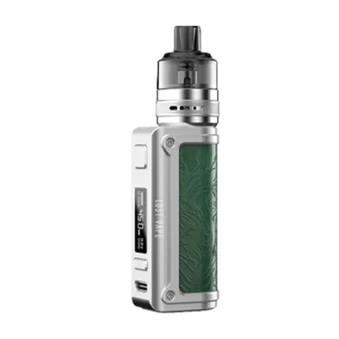 Electronic vaping device with a silver body and green panel.