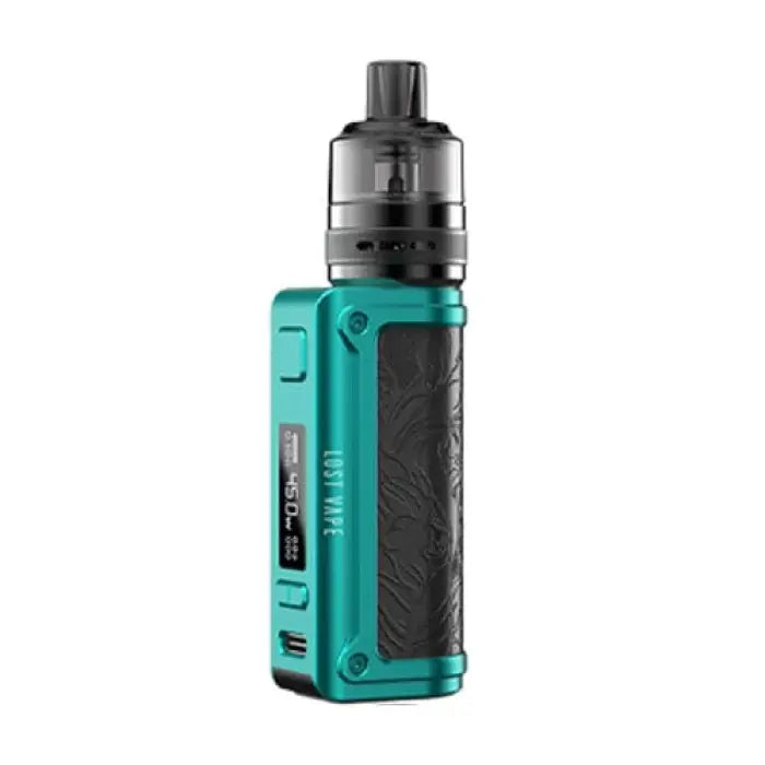 Teal and black electronic vaping device with a clear tank and digital display.