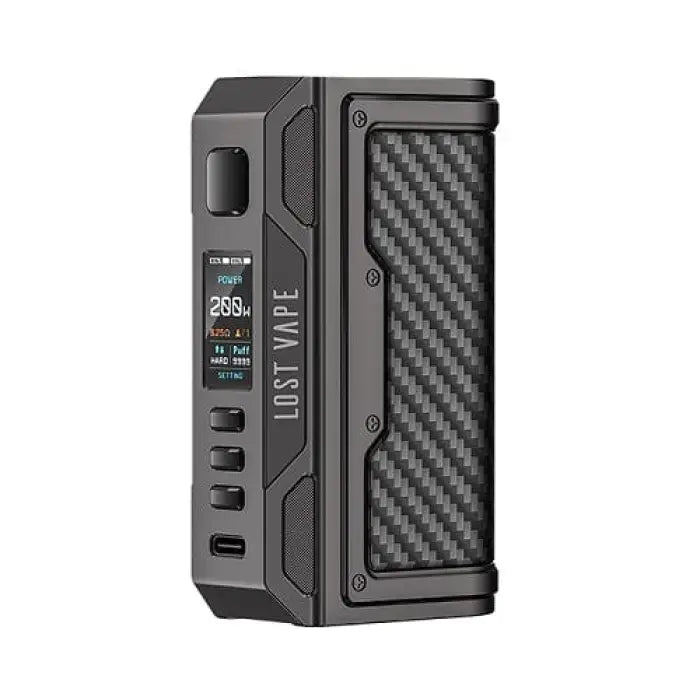 Electronic vaping device with a digital display and carbon fiber-style panel.