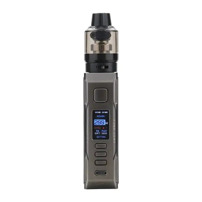 Electronic vaping device with a digital display and adjustable settings.