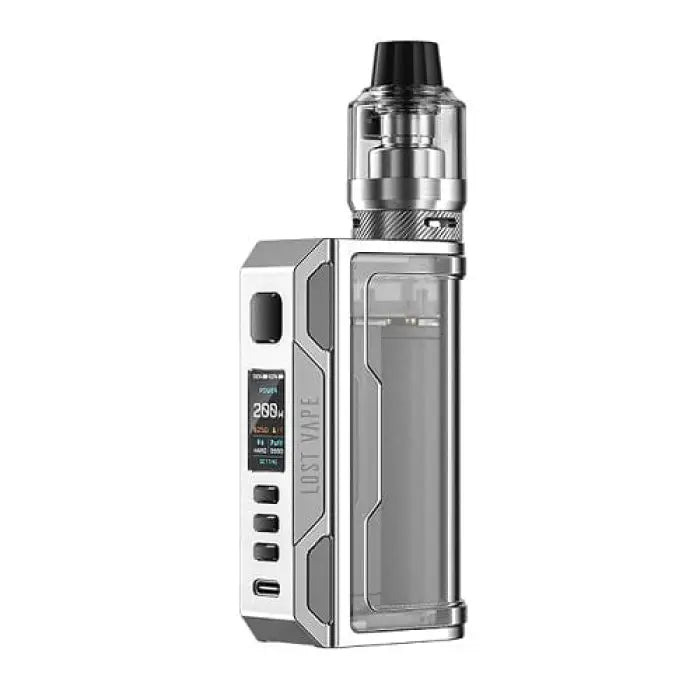 Electronic vaping device with a rectangular body, digital display, and removable tank attachment.