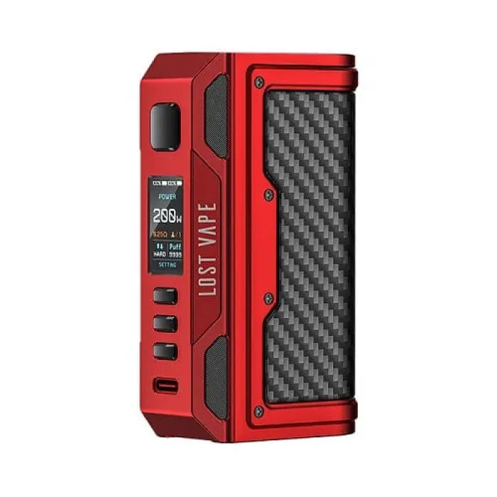 Red and black electronic vaping device with a digital display screen.