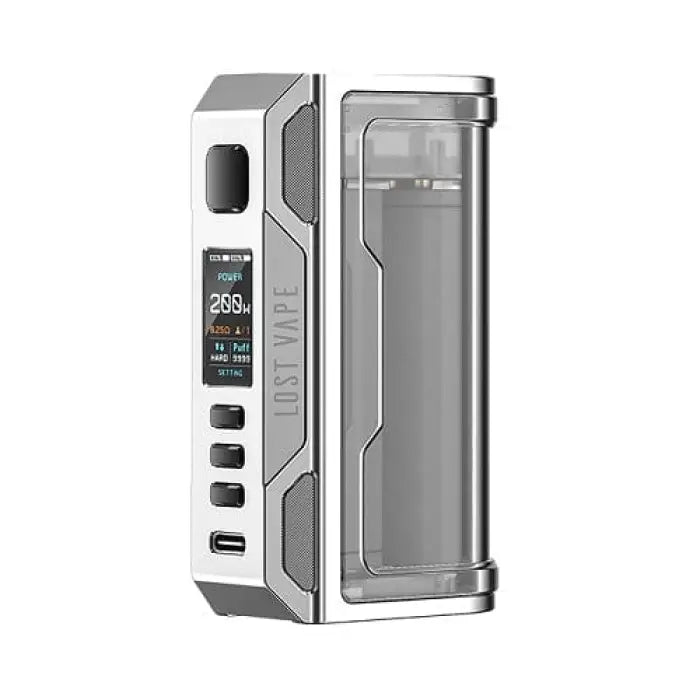 Electronic vaping device or mod with a digital display and control buttons.