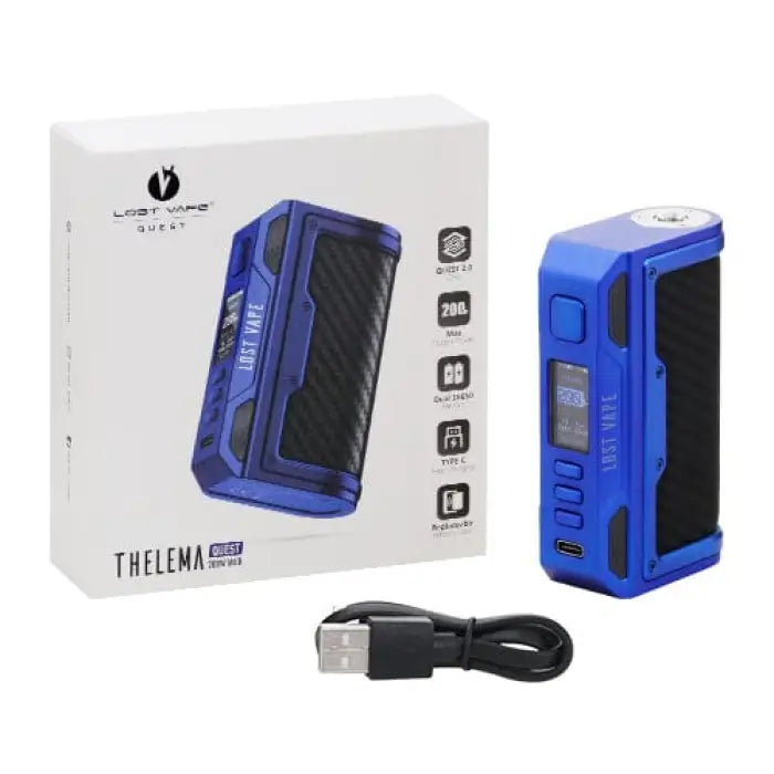 Blue electronic vaping device with a digital display and USB charging cable.