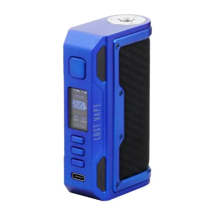 Blue electronic vaping device with a digital display and control buttons.