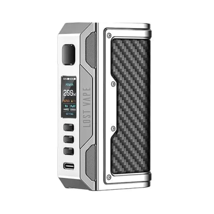 Electronic vaping device with a digital display and carbon fiber-style panel.