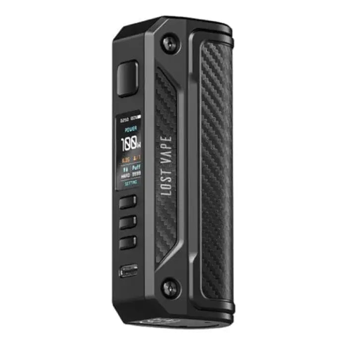 Electronic vaping device with a digital display and carbon fiber-style exterior.