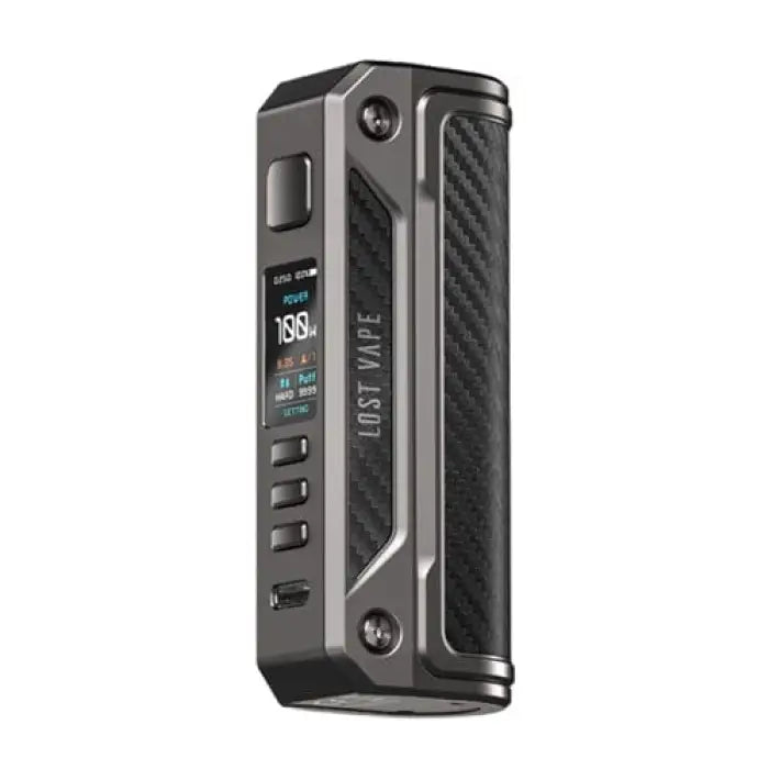 Electronic vaping device with a digital display and carbon fiber-style accents.