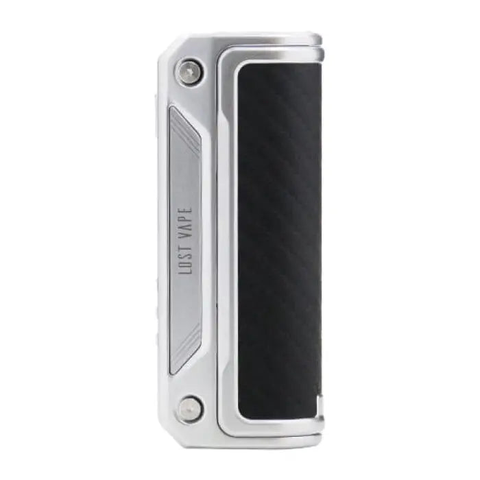 Sleek silver and black electronic vaping device or mod.