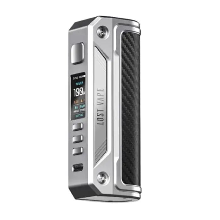 Electronic vaping device with a digital display and metallic silver body featuring carbon fiber accents.