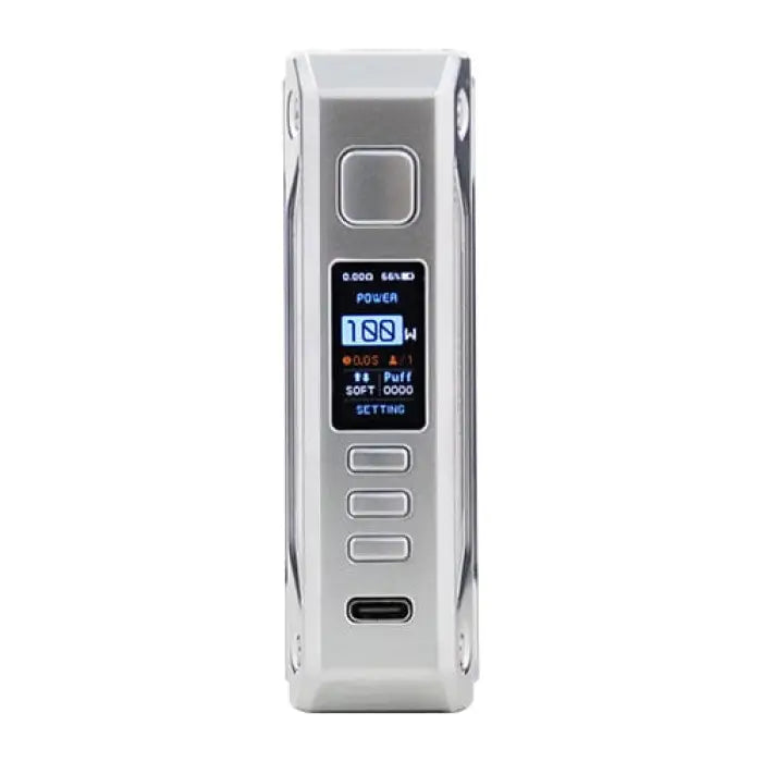 Electronic vaping device with a digital display screen and control buttons.