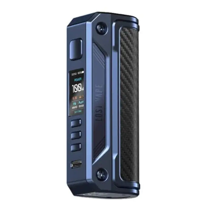 Electronic vaping device with a digital display and carbon fiber-style accents.