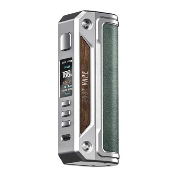 Electronic vaping device with a metallic body, wood-grain panel, and digital display screen.