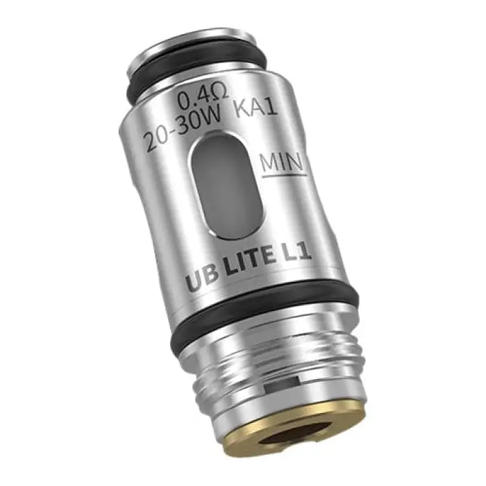 Cylindrical metal vaping coil or atomizer head with visible text and specifications.