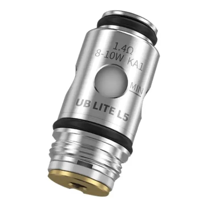 Metallic cylindrical vaping coil or atomizer head with visible text and a circular opening.