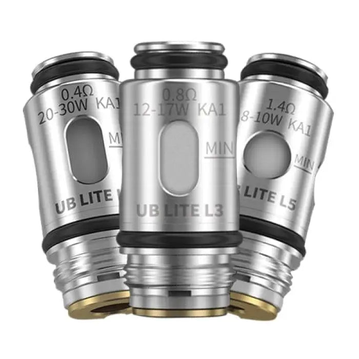 Three silver cylindrical vaping coils or atomizer heads labeled ’UB LITE’ with different specifications.