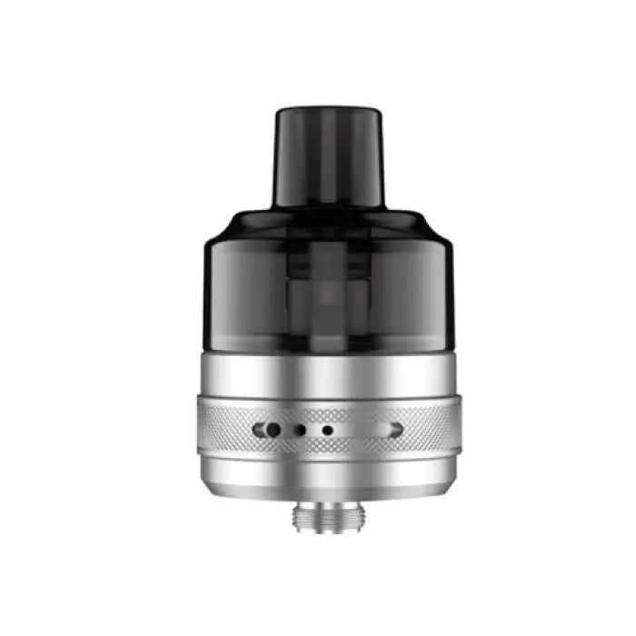 Vaping tank or atomizer with a black top cap and silver base.