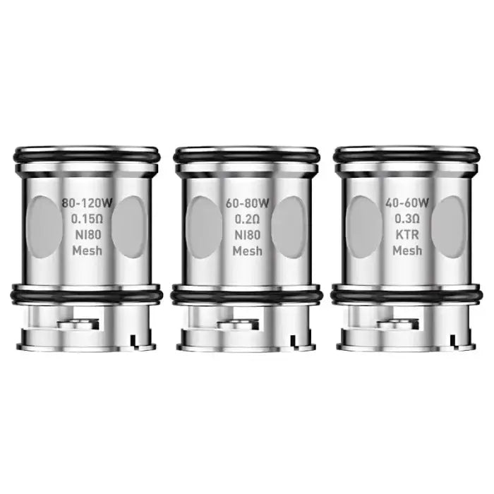 Three cylindrical metal vaping coils or atomizer heads with different specifications labeled on each.