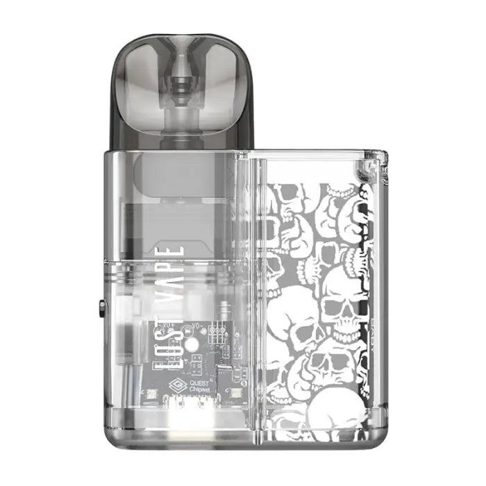 Transparent electronic vaping device with skull pattern decoration.