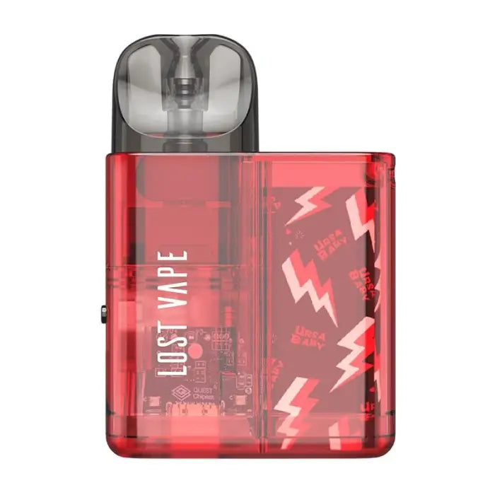 Red transparent electronic vaping device with lightning bolt designs and ’LOST VAPE’ branding.