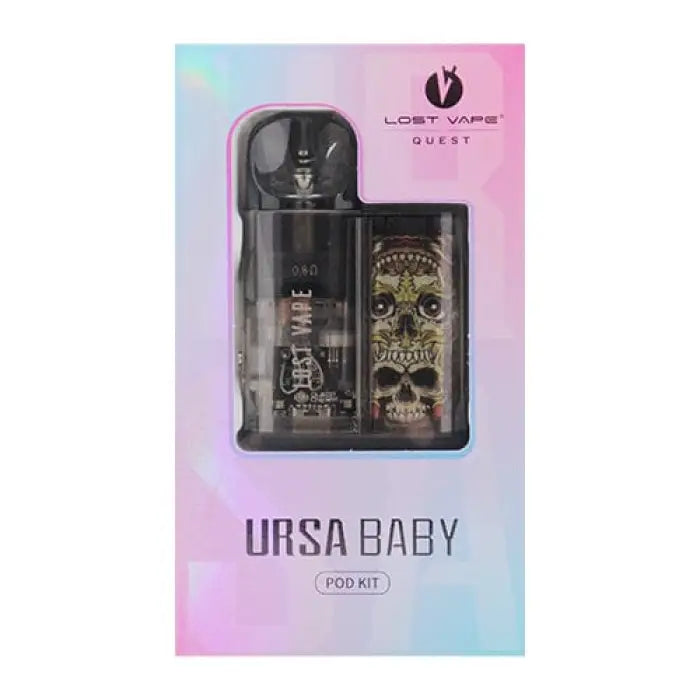 Vaping device kit labeled ’URSA BABY’ with a skull-themed e-liquid bottle.