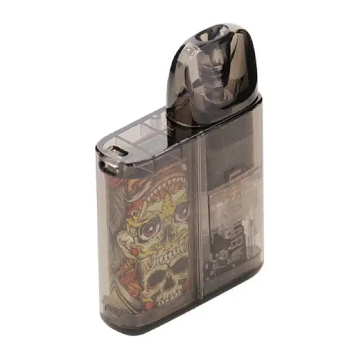 Transparent vaping device or e-cigarette with skull artwork visible inside.