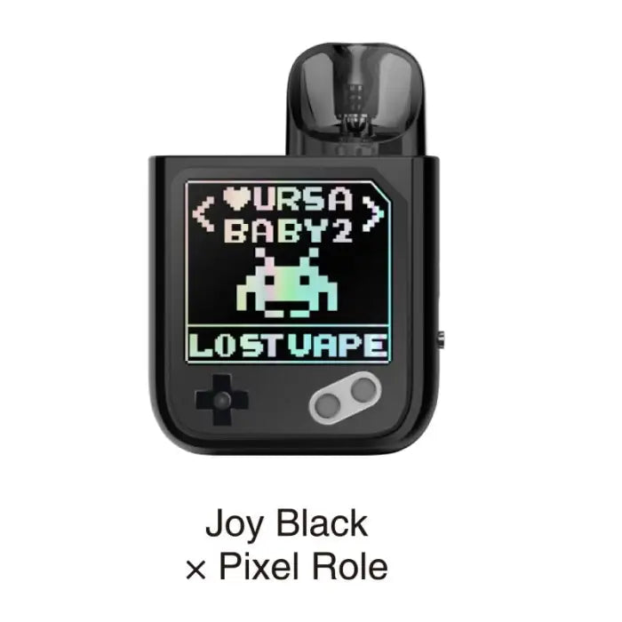 Electronic vaping device with a pixelated display showing ’URSA BABY2’’ and a small alien-like character.