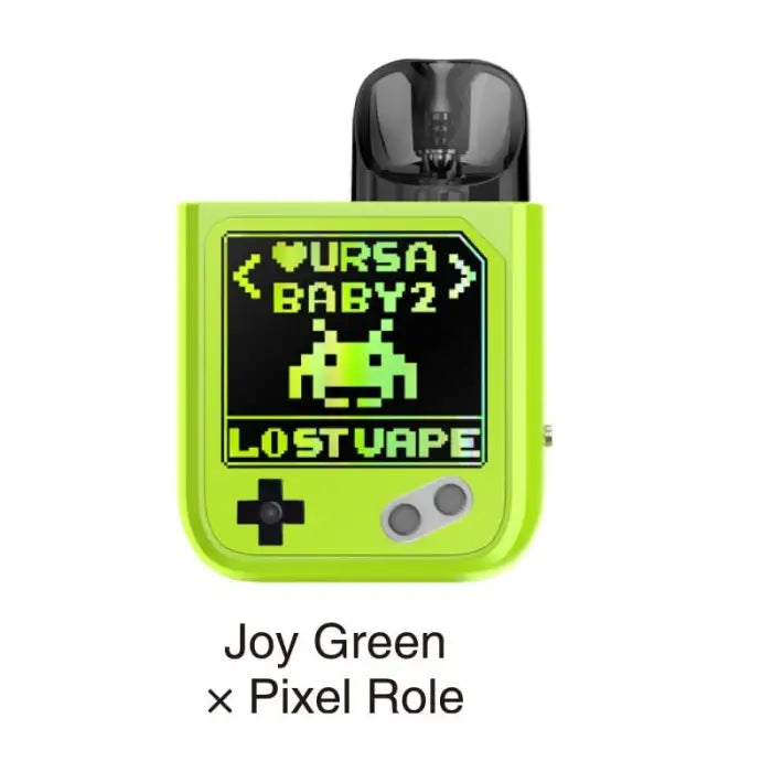 Neon green vape device with a retro game-inspired pixelated display showing ’URSA BABY2’’ and a space invader graphic.