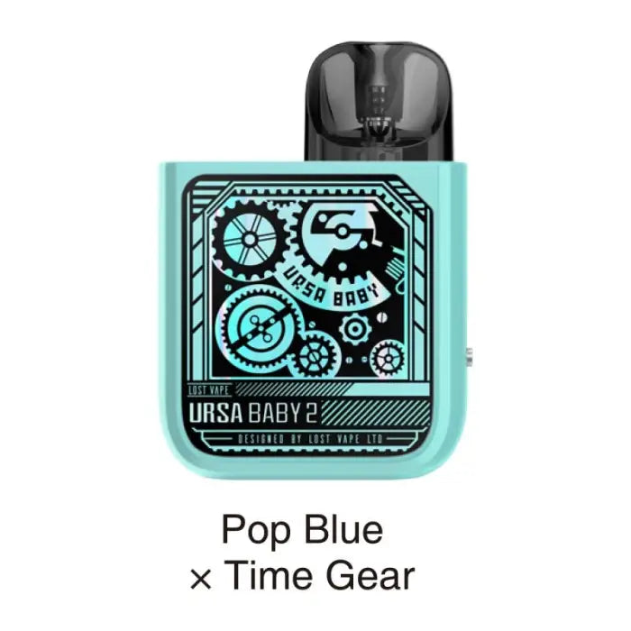 Teal-colored vape pod with intricate gear and clock design on its face.